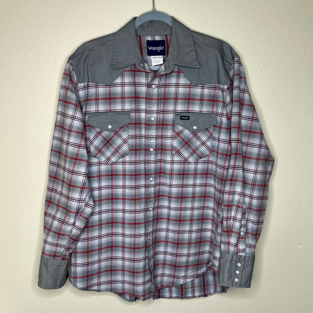 Wrangler Brushpopper Plaid Gray Red Pearl Snap Long Sleeve Shirt Men Size Large - Picture 13 of 13